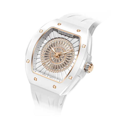 TSAR BOMBA Nucleus femme 03 Ceramic Ladies' Watch. Features a ceramic case and a ceramic dial set with a zirconia diamond. Powered by a Swiss Ronda quartz movement. Extremely lightweight (approximately 60 grams). Equipped with Grade A luminous coating, scratch-resistant sapphire crystal, and a replaceable fluoroelastomer strap. Water resistant to 50 meters (5 ATM). White theme.-Left three-quarter-angled-view