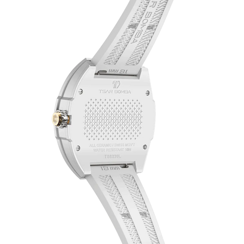 TSAR BOMBA Nucleus femme 03 Ceramic Ladies' Watch. Features a ceramic case and a ceramic dial set with a zirconia diamond. Powered by a Swiss Ronda quartz movement. Extremely lightweight (approximately 60 grams). Equipped with Grade A luminous coating, scratch-resistant sapphire crystal, and a replaceable fluoroelastomer strap. Water resistant to 50 meters (5 ATM). White theme.-Rear-view