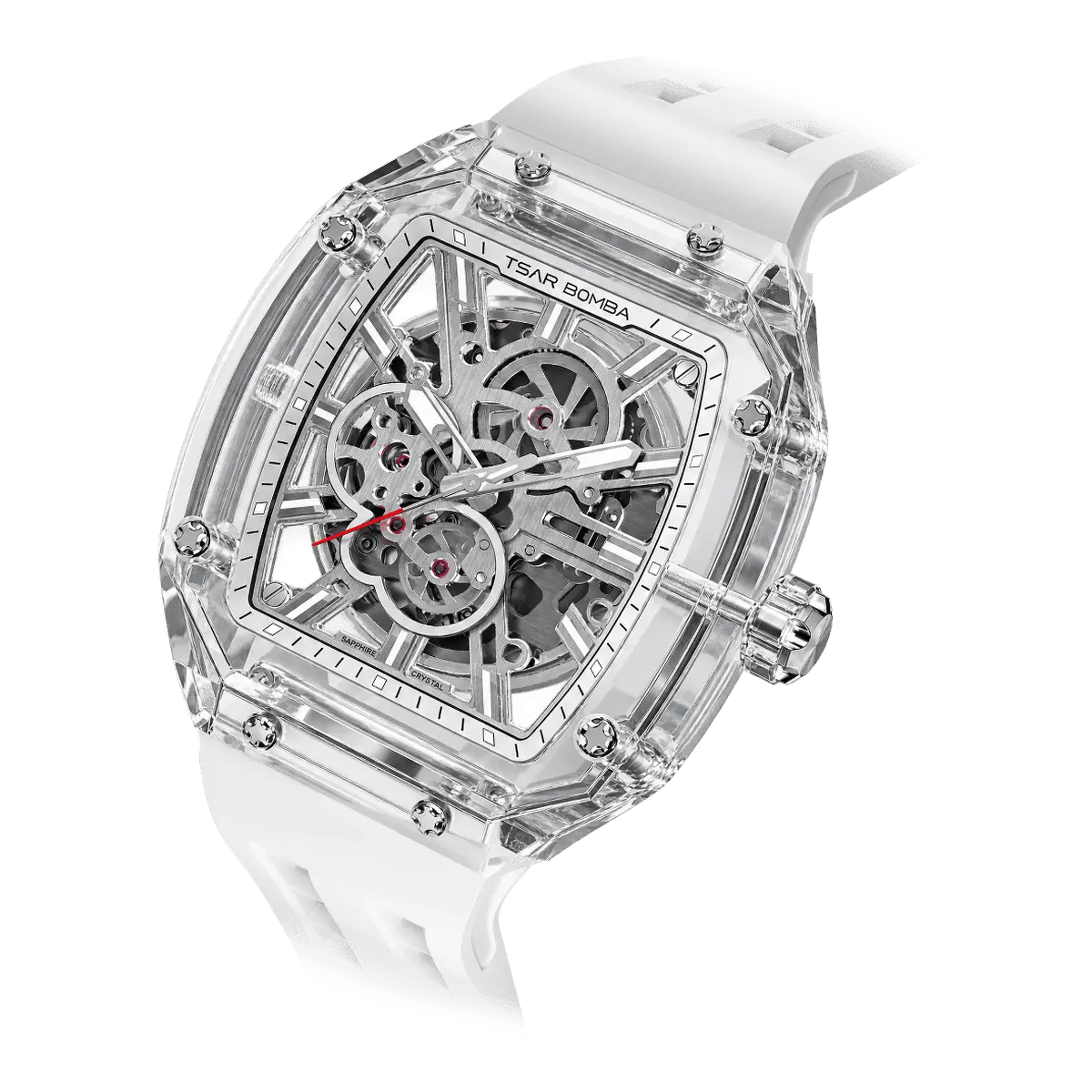 TSAR BOMBA Light Matter TB8223 Transparent Men's Watch. This watch features a TSAR BOMBA Chronite® case, allowing for quick and easy strap changes without tools. It is powered by a Japanese automatic movement with a flying tourbillon at 9 o'clock. The TB8223 includes a Grade A luminous coating, a scratch-resistant sapphire crystal, and a replaceable fluoroelastomer strap. It is water-resistant to 30 meters (3 ATM).-white strap-