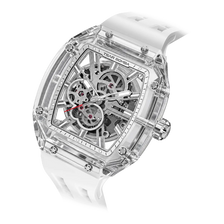 TSAR BOMBA Light Matter TB8223 Transparent Men's Watch. This watch features a TSAR BOMBA Chronite® case, allowing for quick and easy strap changes without tools. It is powered by a Japanese automatic movement with a flying tourbillon at 9 o'clock. The TB8223 includes a Grade A luminous coating, a scratch-resistant sapphire crystal, and a replaceable fluoroelastomer strap. It is water-resistant to 30 meters (3 ATM).-white strap-