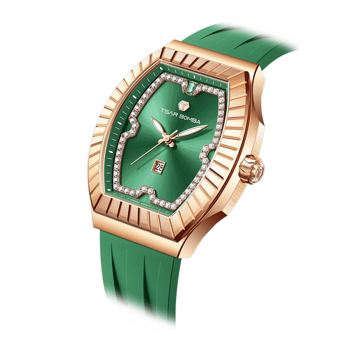 The TSAR BOMBA Nucleus femme 04 women's watch features a stainless steel case and a dial bezel set with dazzling cubic zirconia in a butterfly shape. Powered by a Swiss Ronda quartz movement, it offers precise and reliable timekeeping. The date display is located at 6 o'clock. Extremely lightweight (approximately 65 grams), the watch is ideal for everyday wear.-green-Left three-quarter view