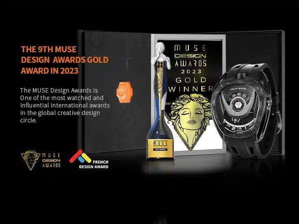 tsarbomba reactor collection TB8213-interchangeable set watches,TB8213 won the GOLD AWARD at THE 9TH MUSE DESIGN AWARDS in France in 2023,Award display.
