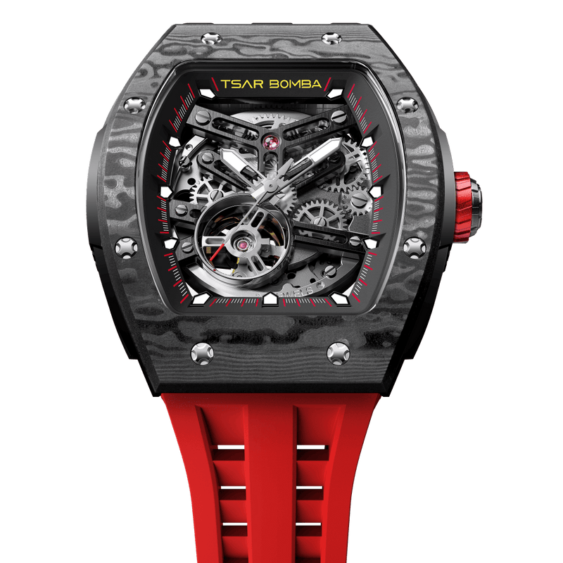 tsarbomba elemental collection watches-TB8228CF,Mechanical movement, carbon fiber bezel, power reserve indicator, and a dial featuring a visible tourbillon