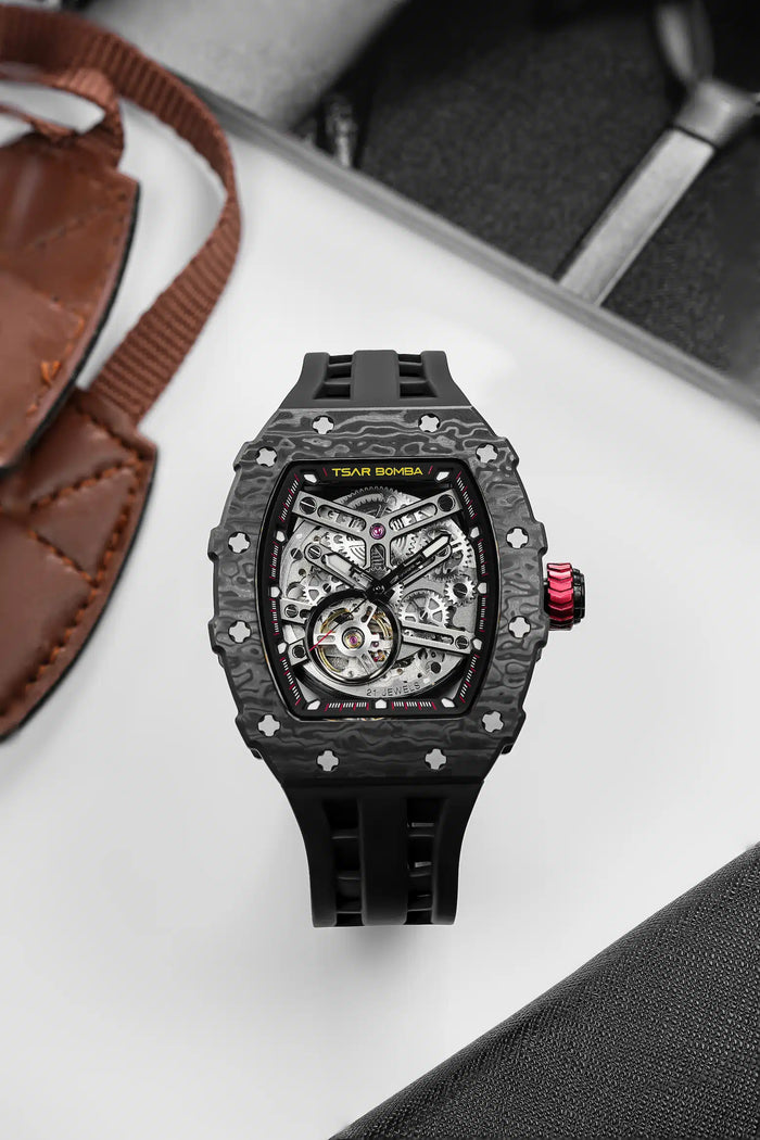 tsarbomba elemental collection watches-TB8208,The elemental watch-TB8208CF pictured here features a skeletonized dial and an open-heart design, paired with a carbon fiber bezel that highlights the mechanical allure of Tsarbomba watches.