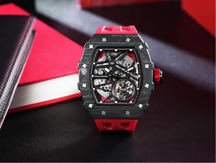tsarbomba elemental collection watches-TB8209,The image shows the dial of the TB8209, revealing the tourbillon and open-worked movement, highlighting the mechanical allure of Tsarbomb watches