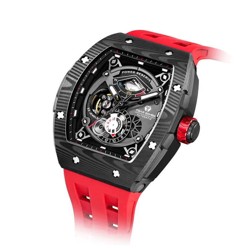 TSAR BOMBA elemental collection watches-TB8210CF,Mechanical movement, carbon fiber bezel, power reserve indicator, and a dial featuring a visible tourbillon