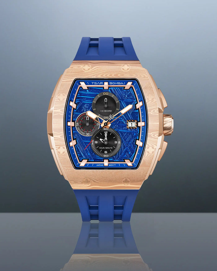 tsarbomba elemental collection watches-TB8211Q,The image shows TB8204 It features a calendar display and chronograph functions, and the stainless steel case balances durability with style.The gold bezel and blue strap offer a color scheme that aligns with current fashion trends.