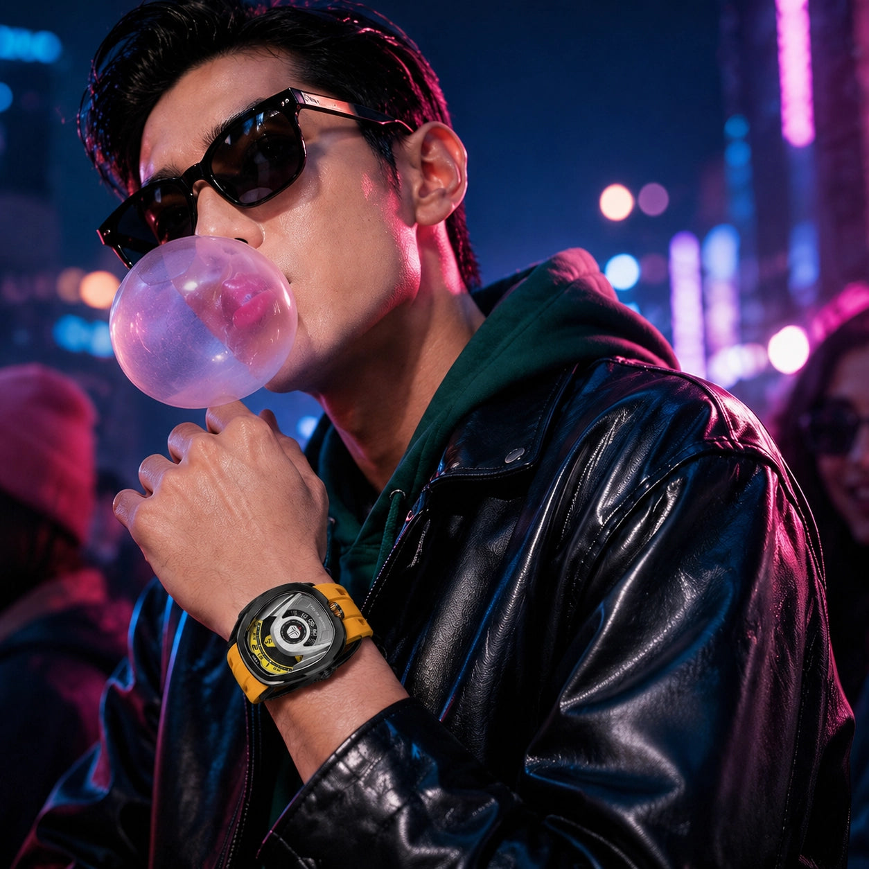 tsarbomba-reactor collection watches-TB8213,A handsome young man, dressed in stylish clothes, raises his hand to show off his Tsarbomba watch, which features interchangeable straps, bezels, and crowns—one watch, multiple styles.