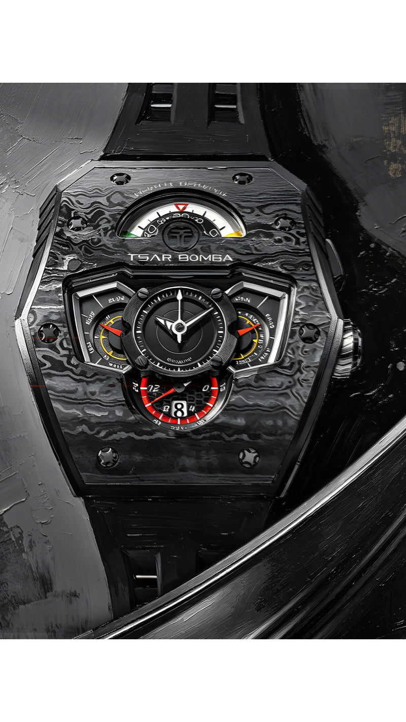tsarbomba-watches,The TB8229 watch,The design is inspired by a race car dashboard, featuring a Japanese mechanical movement and a carbon fiber bezel. It includes a date display, power reserve indicator, and chronograph function, while the unique dial design is sure to turn heads. Additionally,
it features interchangeable straps,
interchangeable bezels,
and interchangeable crowns.