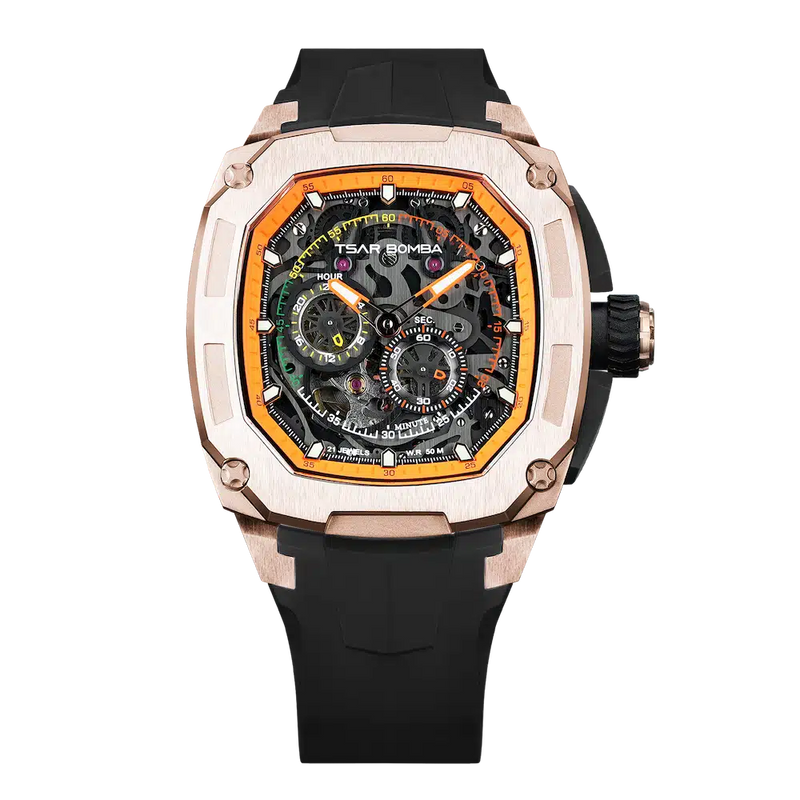 tsarbomba-dark matter 01-TB8601-Square design with a carbon fiber bezel and Miyota mechanical movement, paired with a fluororubber strap, combining style and durability;