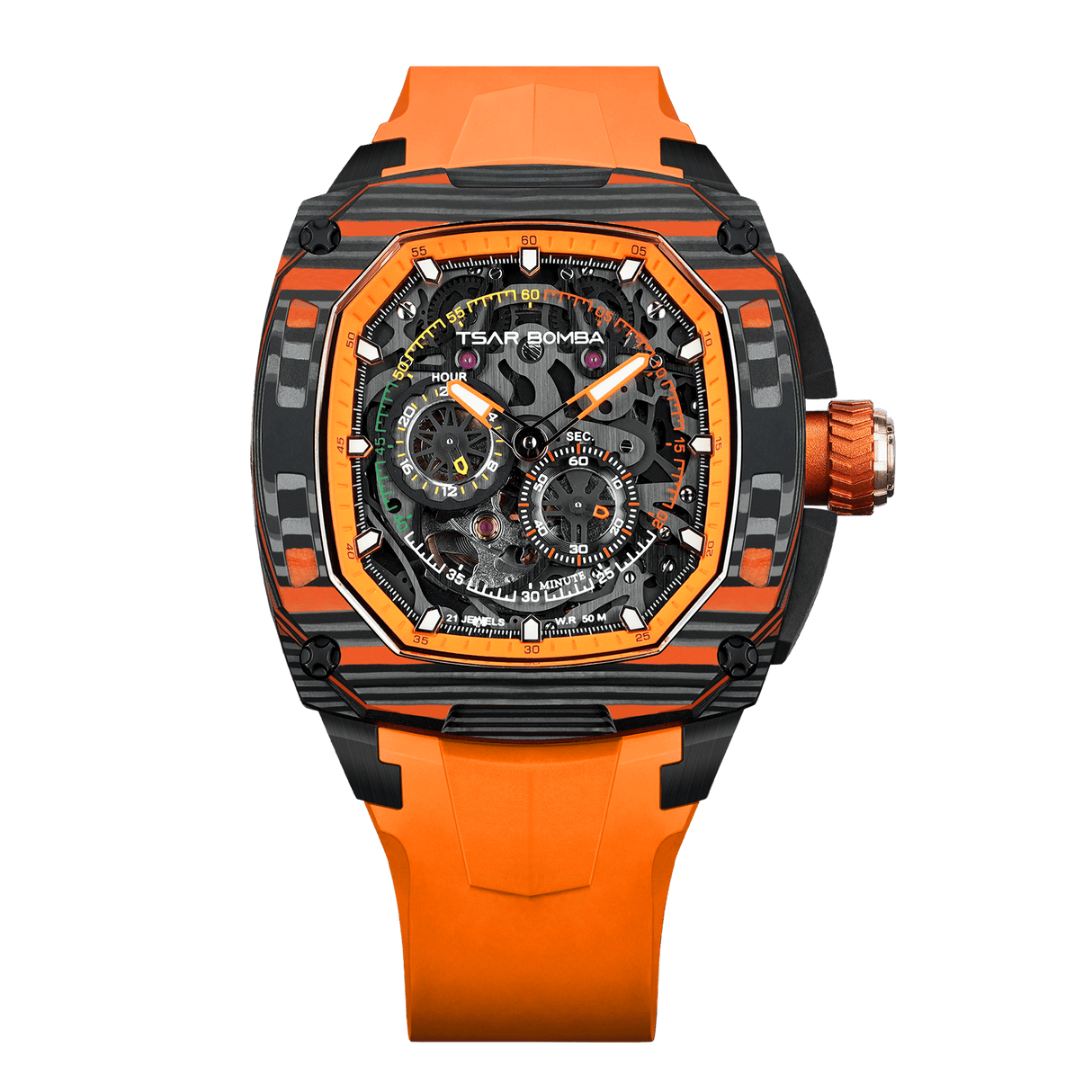 tsarbomba-dark matter 01-TB8601-Square design with a carbon fiber bezel and Miyota mechanical movement, paired with a fluororubber strap, combining style and durability;