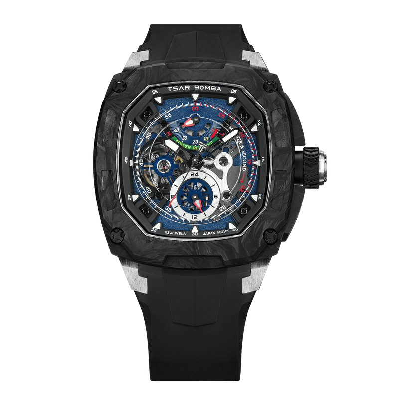 tsarbomba datk matter collection dark matter 02-TB8602,interchangeable watches,Square design with a carbon fiber bezel and espon mechanical movement, paired with a fluororubber strap, combining style and durability,Front view.