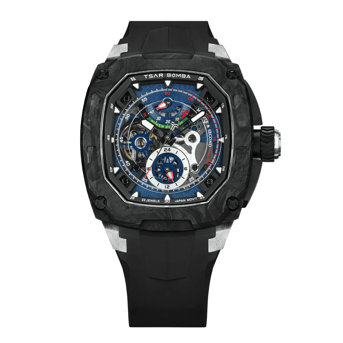 Powered by a Seiko Epson movement, A power reserve indicator is positioned at 12 o'clock; the stable movement delivers a power reserve of 50 hours (±10%). A 24-hour display dial is located at 6 o'clock, while a visible tourbillon is featured at 9 o'clock. The Dark Matter 2 features Grade A luminescent coating, scratch-resistant sapphire crystal, and a interchangeable fluororubber strap. Water-resistant to 100 meters (10 ATM).-carbon fiber bezel and titanium case -black-Front view