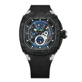 Powered by a Seiko Epson movement, A power reserve indicator is positioned at 12 o'clock; the stable movement delivers a power reserve of 50 hours (±10%). A 24-hour display dial is located at 6 o'clock, while a visible tourbillon is featured at 9 o'clock. The Dark Matter 2 features Grade A luminescent coating, scratch-resistant sapphire crystal, and a interchangeable fluororubber strap. Water-resistant to 100 meters (10 ATM).-carbon fiber bezel and titanium case -black-Front view