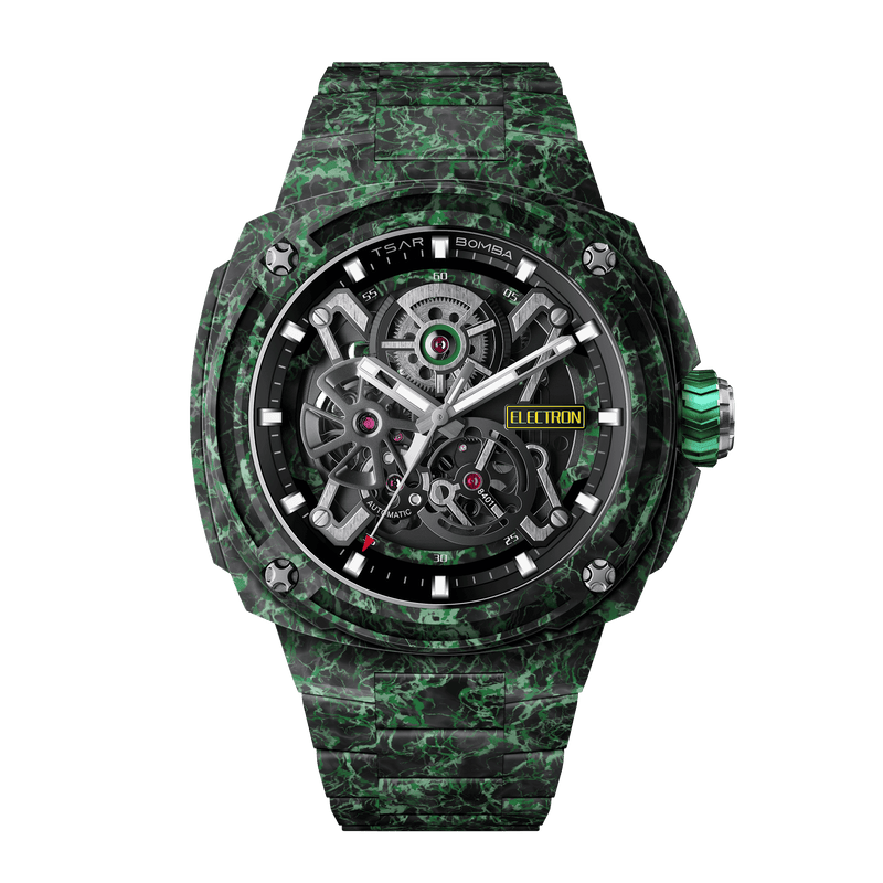 tsarbomba electron collection watches-TB8401,A round mechanical watch featuring a carbon fiber dial, carbon fiber case, and carbon fiber strap—an ultra-lightweight design that stands out among men’s watches, weighing just 95 grams. Perfect for everyday wear in any setting.