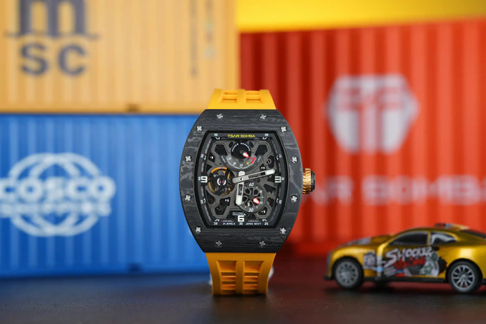 tsarbomba elemental collection watches TB8212,automatic movement watches,Carbon fiber bezel, skeletonized dial, visible movement, front view