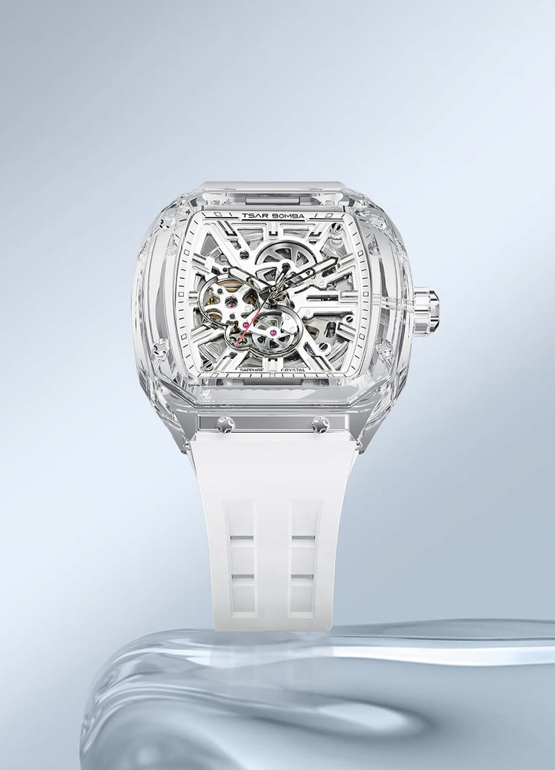 tsarbomba light matter collection watches-TB8223,The TB8223 watch features a Chronite® case and a sapphire bezel; its fully transparent design offers a clear view of the movement, providing ample visual appeal.It features interchangeanle strap，interchangeable bezel,interchangeable crown.