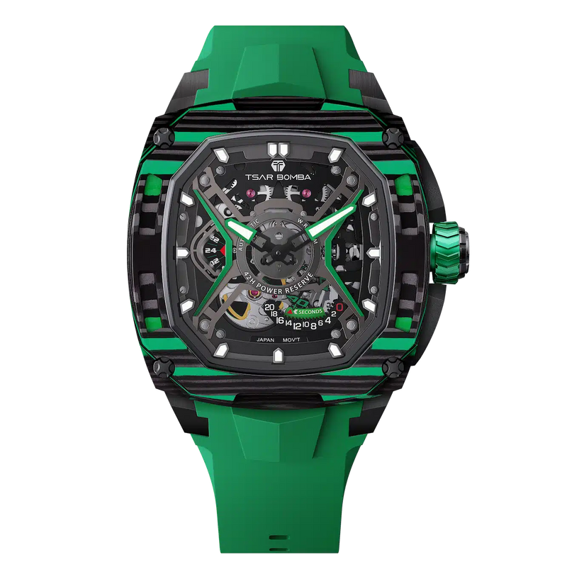 tsarbomba dark matter collection watches-TB8605,The square design, carbon fiber bezel, and mechanical movement, paired with a fluororubber strap, highlight a man’s unique charm,