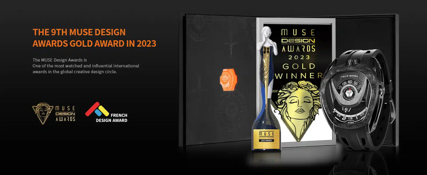 tsarbomba reactor collection TB8213-interchangeable set watches,TB8213 won the GOLD AWARD at THE 9TH MUSE DESIGN AWARDS in France in 2023,Award display.
