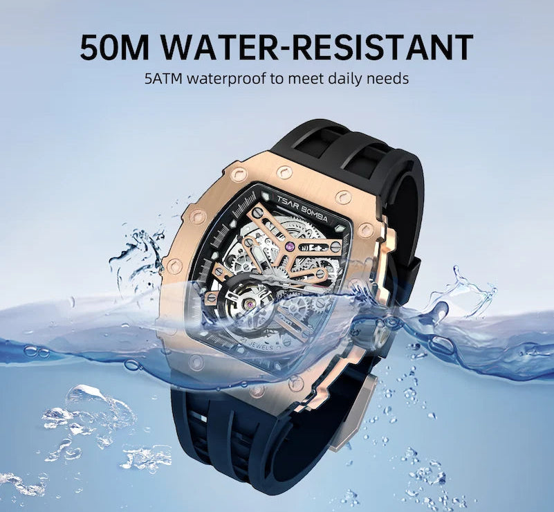 Every Tsarbomba watch is water-resistant, dust-resistant, and shock-resistant, with a water resistance rating of at least 5 ATM/5 BAR, making it easy to handle situations involving water and dust.